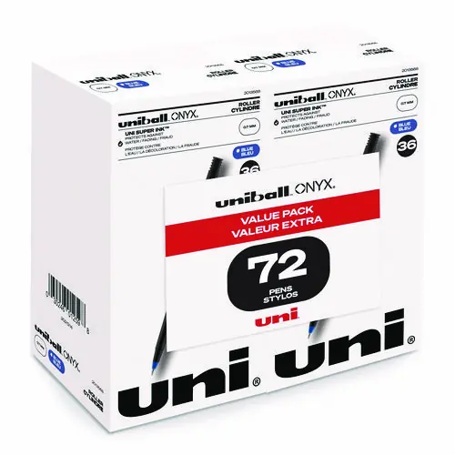 uniball® ONYX Rollerball Pen, Fine Point, 0.7 mm, Blue Ink, Black/Blue Barrel, 72 Pack