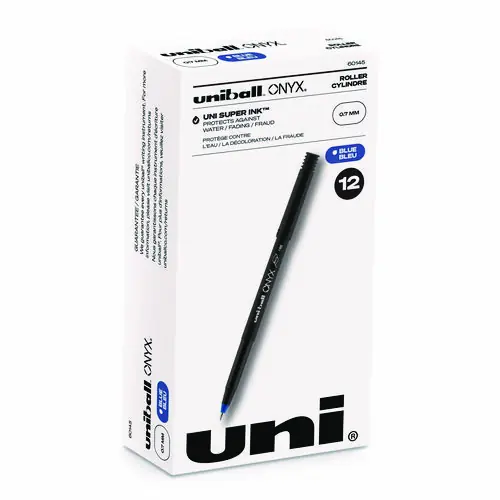 uniball® ONYX Rollerball Pen, Fine Point, 0.7 mm, Blue Ink, Black/Blue Barrel, Dozen