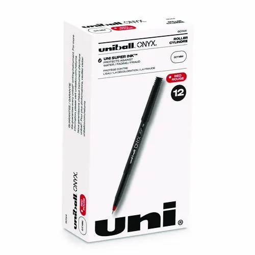 uniball® ONYX Rollerball Pen, Fine 0.7 mm, Red Ink, Black/Red Barrel, Dozen