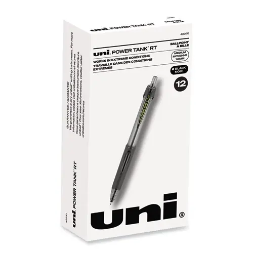 uniball® Power Tank RT Ballpoint Pen, Retractable, Bold 1 mm, Black Ink, Smoke/Black Barrel, Dozen