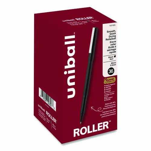 uniball® Rollerball Pen, Extra-Fine 0.5 mm, Black Ink, Black Barrel, 36/Pack