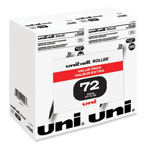 uniball® Rollerball Pen, Extra-Fine 0.5 mm, Black Ink, Black Barrel, 72/Pack