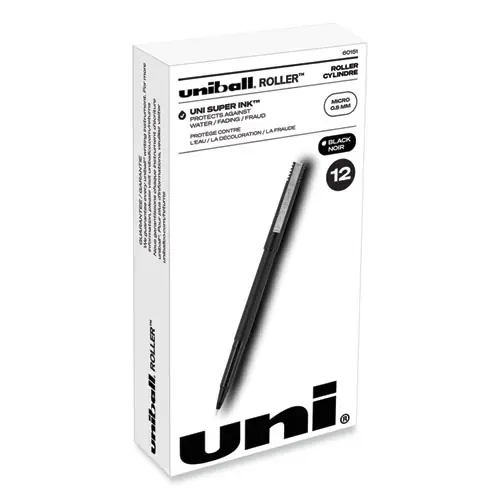 uniball® Rollerball Pen, Stick, Extra-Fine 0.5 mm, Black Ink, Black Barrel, Dozen