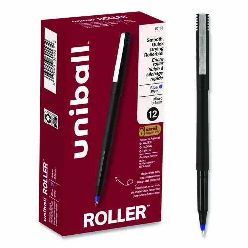 uniball® Rollerball Pen, Extra-Fine 0.5 mm, Blue Ink, Black/Blue Barrel, Dozen