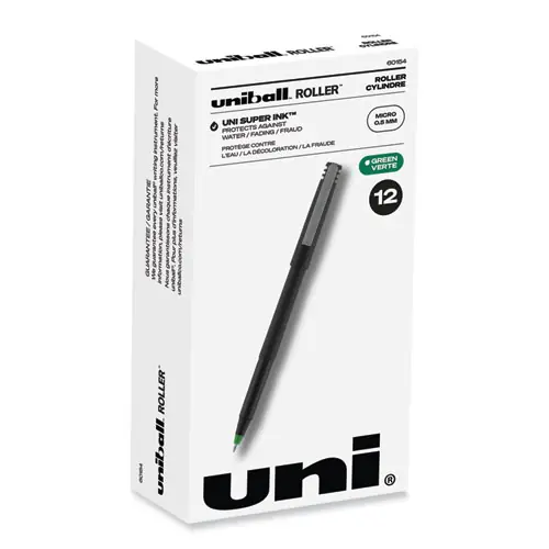 uniball® Rollerball Pen, Stick, Extra-Fine 0.5 mm, Green Ink, Black/Green Barrel, Dozen