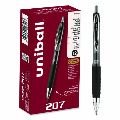 uniball® Signo 207 Gel Pen, Retractable, Bold 1 mm, Black Ink, Smoke/Black Barrel, Dozen