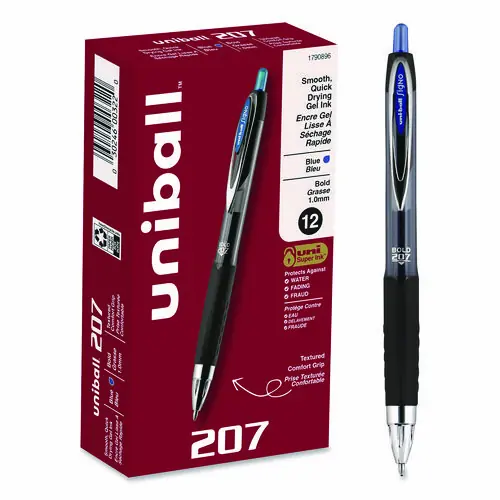 uniball® Signo 207 Gel Pen, Retractable, Bold, 1 mm, Blue Ink, Smoke/Black/Blue Barrel, Dozen