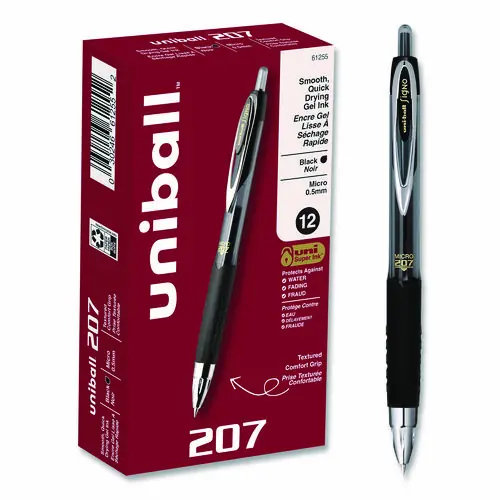 uniball® Signo 207 Gel Pen, Retractable, Fine 0.5 mm, Black Ink, Smoke/Black Barrel, Dozen