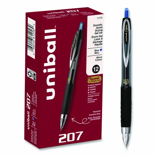 uniball® Signo 207 Gel Pen, Retractable, Fine 0.5 mm, Blue Ink, Smoke/Black/Blue Barrel, Dozen