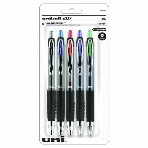 uniball® Signo 207 Gel Pen, Retractable, Medium, 0.7 mm, Assorted Ink & Barrel Colors, 5-Pack