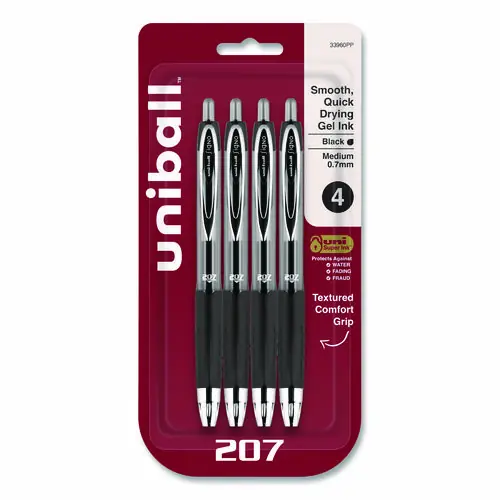 uniball® Signo 207 Gel Pen, Retractable, Medium 0.7 mm, Black Ink, Smoke/Black Barrel, 4/Pack