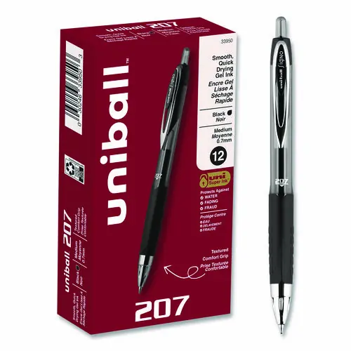uniball® Signo 207 Gel Pen, Retractable, Medium, 0.7 mm, Black Ink, Smoke/Black Barrel, Dozen