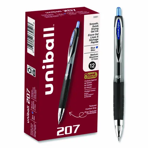 uniball® Signo 207 Gel Pen, Retractable, Medium 0.7 mm, Blue Ink, Smoke/Black/Blue Barrel, Dozen