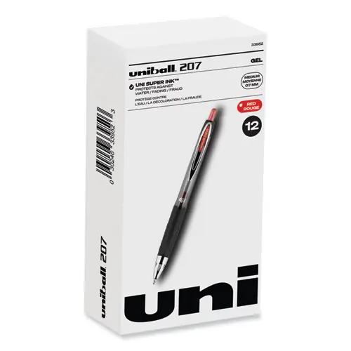uniball® Signo 207 Gel Pen, Retractable, Medium 0.7 mm, Red Ink, Smoke/Black/Red Barrel, Dozen