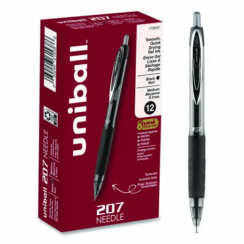 uniball® Signo 207 Needle Point Gel Pen, Retractable, Medium 0.7 mm, Black Ink, Clear/Black Barrel, Dozen