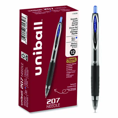 uniball® Signo 207 Needle Point Gel Pen, Retractable, Medium 0.7 mm, Blue Ink, Clear/Black/Blue Barrel, Dozen