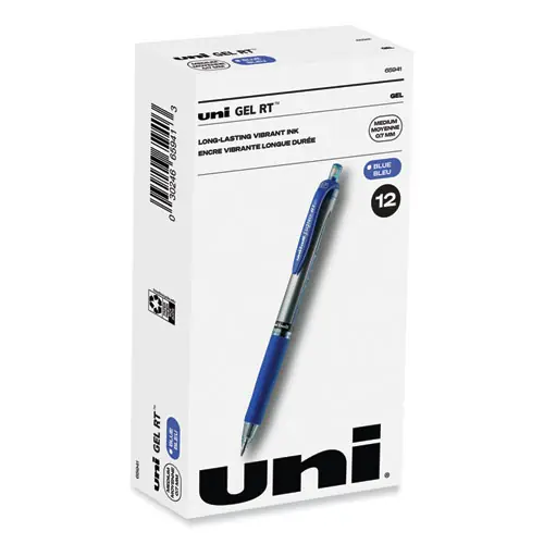 uniball® Signo Gel Pen, Retractable, Medium 0.7 mm, Blue Ink, Silver/Blue Barrel, Dozen
