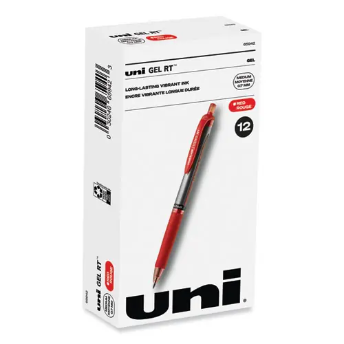uniball® Signo Gel Pen, Retractable, Medium 0.7 mm, Red Ink, Silver/Red Barrel, Dozen
