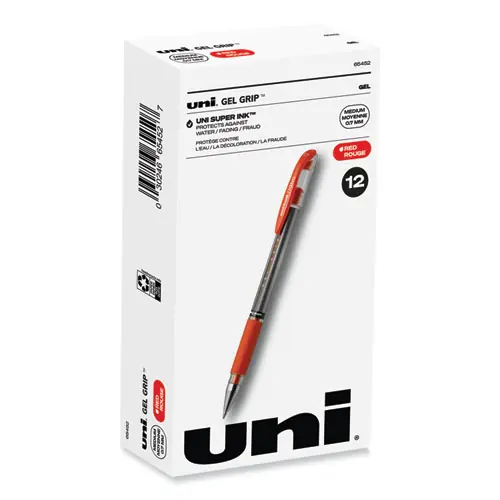 uniball® Signo GRIP Gel Pen, Medium Point, 0.7 mm, Red Ink, Clear/Red/Silver Barrel, Dozen