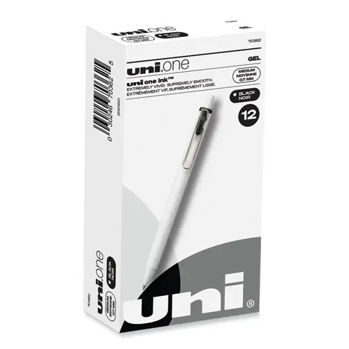 uniball® uniONE Gel Pen, Retractable, Medium, 0.7 mm, Black Ink, White/Black Barrel, Dozen
