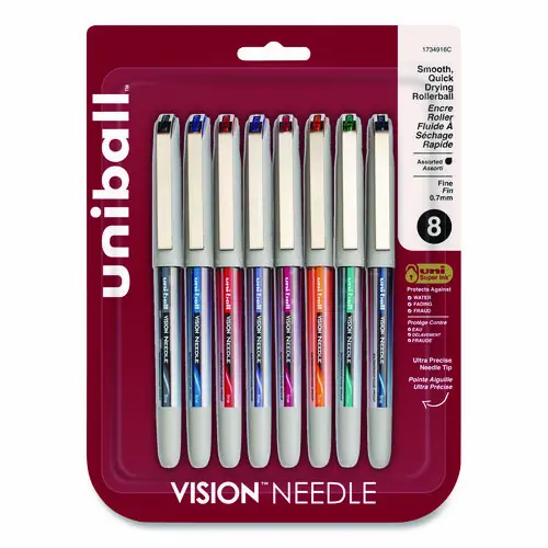 uniball® VISION Needle Rollerball Pen, Fine 0.7 mm, Assorted Colors, 8/Pack