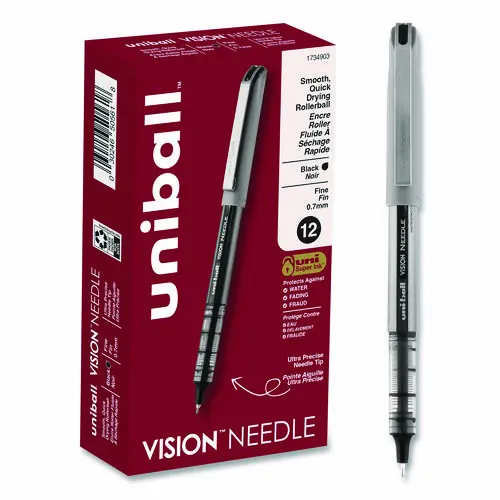 uniball® VISION Needle Rollerball Pen, Fine 0.7 mm, Black Ink, Gray/Clear/Black Barrel, Dozen