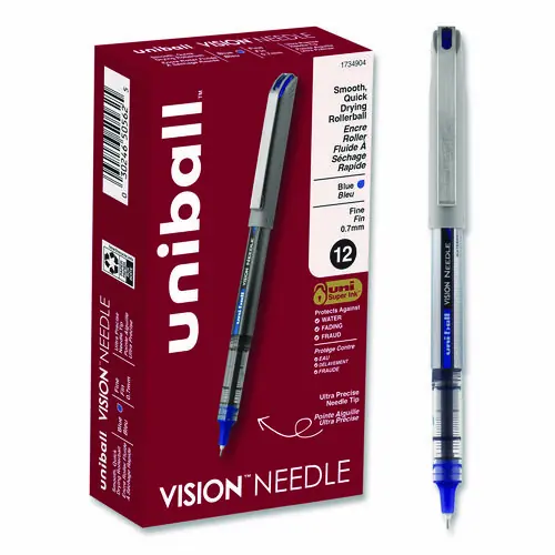 uniball® VISION Needle Rollerball Pen, Stick, Fine 0.7 mm, Blue Ink, Gray/Clear/Blue Barrel, Dozen