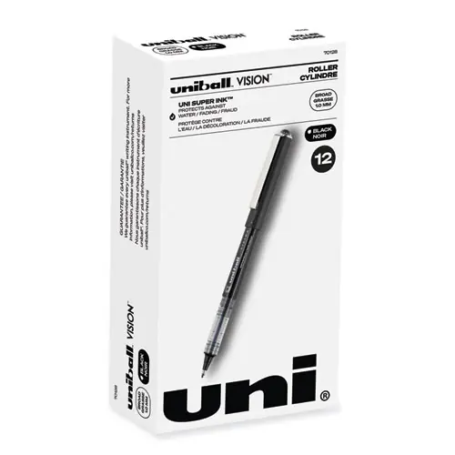 uniball® VISION Rollerball Pen, Bold Point, 1 mm, Black Ink, Gray/Black/Clear Barrel, Dozen