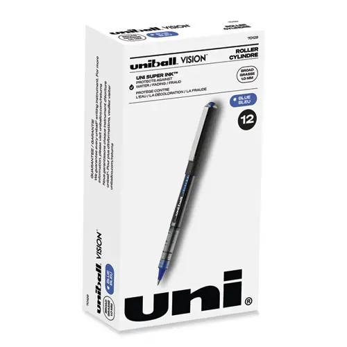 uniball® VISION Rollerball Pen, Bold 1 mm, Blue Ink, Black/Blue/Clear Barrel, Dozen