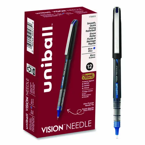 uniball® VISION Rollerball Pen, Extra-Fine 0.5 mm, Blue Ink, Black/Blue/Clear Barrel, 12/Pack