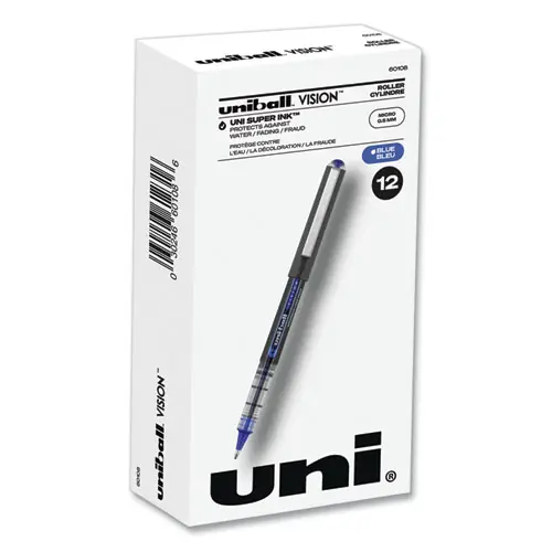 uniball® VISION Rollerball Pen, Extra-Fine 0.5 mm, Blue Ink, Gray/Blue/Clear Barrel, Dozen