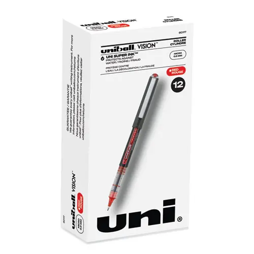 uniball® VISION Rollerball Pen, Extra-Fine 0.5 mm, Red Ink, Gray/Red/Clear Barrel, Dozen