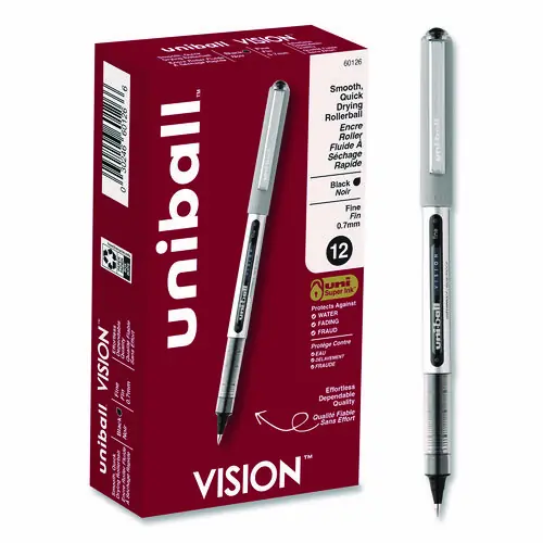 uniball® VISION Rollerball Pen, Fine 0.7 mm, Black Ink, Silver/Black/Clear Barrel, Dozen