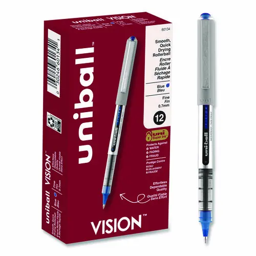 uniball® VISION Rollerball Pen, Fine 0.7 mm, Blue Ink, Silver/Blue/Clear Barrel, Dozen