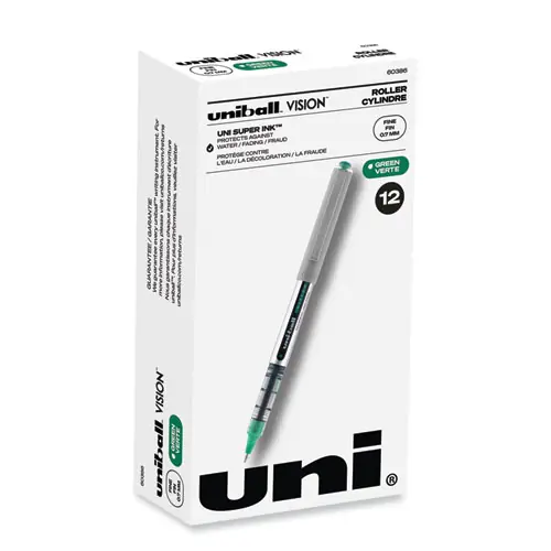 uniball® VISION Rollerball Pen, Fine 0.7 mm, Green Ink, Silver/Green/Clear Barrel, Dozen
