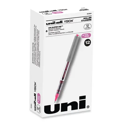 uniball® VISION Rollerball Pen, Fine Point, 0.7 mm, Pink Ink, Silver/Pink/Clear Barrel, Dozen
