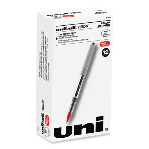 uniball® VISION Rollerball Pen, Fine 0.7 mm, Red Ink, Silver/Red/Clear Barrel, Dozen