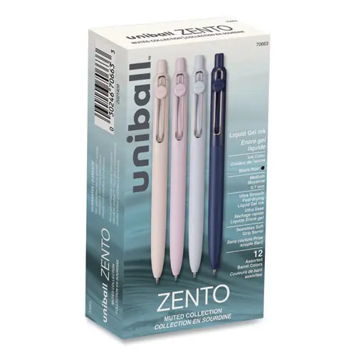 uniball® Zento Gel Pen, Retractable, Medium 0.7 mm, Black Ink, Assorted Barrel Colors, Dozen