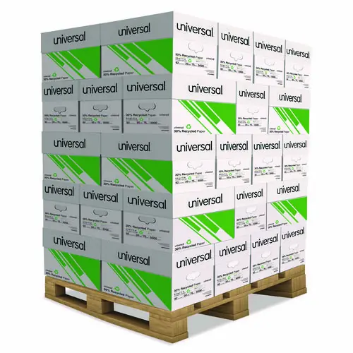 Universal® 30% Recycled Copy Paper, 92 Bright, 20 lb Bond, 8.5 x 11, White, 500 Sheets/Ream, 10 Reams/Carton, 40 Cartons/Pallet