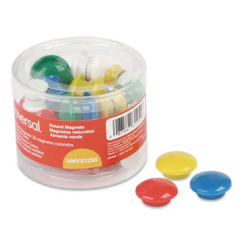 Universal® Assorted Magnets, Circles, Assorted Sizes: X-Small, Medium and Large, Assorted Colors, 30/Pack