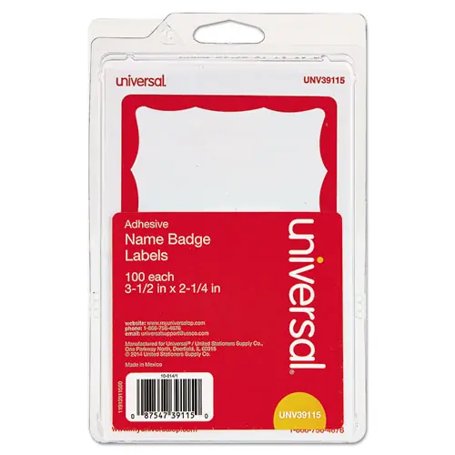 Universal® Border-Style Self-Adhesive Name Badges, White/Red, 100/Pack