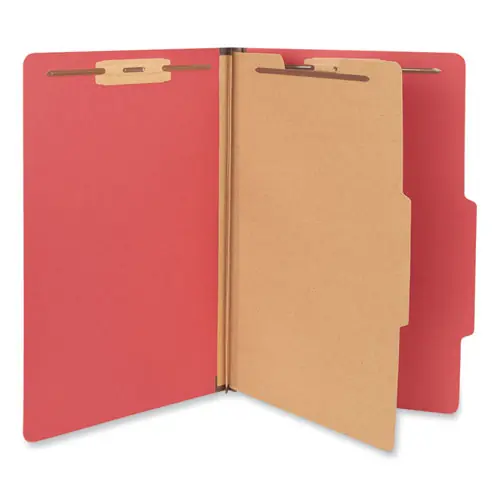 Universal® Bright Colored Pressboard Classification Folders, Legal Size, Ruby Red, 1 Divider, 4 Fasteners, 2" Expansion, 10/Box