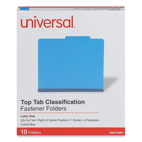 Universal® Bright Colored Pressboard Classification Folders, Letter Size, Cobalt Blue, 10/Box
