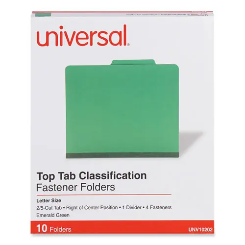 Universal® Bright Colored Pressboard Classification Folders, Letter Size, Emerald Green, 10/Box