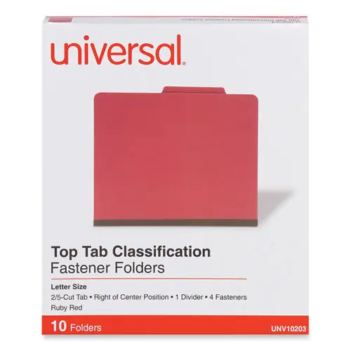 Universal® Bright Colored Pressboard Classification Folders, Letter Size, Ruby Red, 10/Box