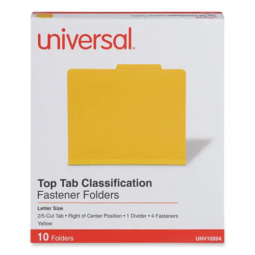 Universal® Bright Colored Pressboard Classification Folders, Letter Size, Yellow, 2" Expansion, 1 Divider, 4 Fasteners, 10/Box