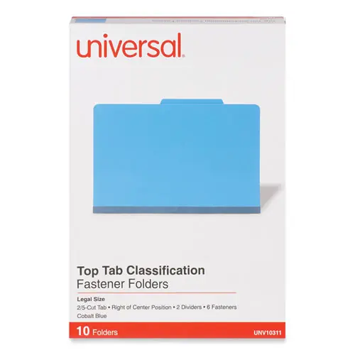 Universal® Bright Colored Pressboard Classification Folders, Legal Size, 2" Expansion, 2 Dividers, 6 Fasteners, Cobalt Blue, 10/Box