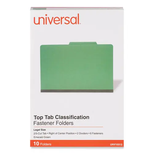 Universal® Bright Colored Pressboard Classification Folders, Legal Size, Emerald Green, 2" Expansion, 2 Dividers, 6 Fasteners, 10/Box