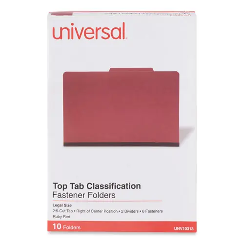 Universal® Bright Colored Pressboard Classification Folders, Legal Size, Ruby Red, 10/Box