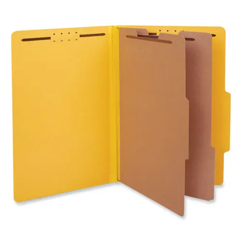 Universal® Bright Colored Pressboard Classification Folders, 2" Expansion, 2 Dividers, 6 Fasteners, Legal Size, Yellow Exterior, 10/Box